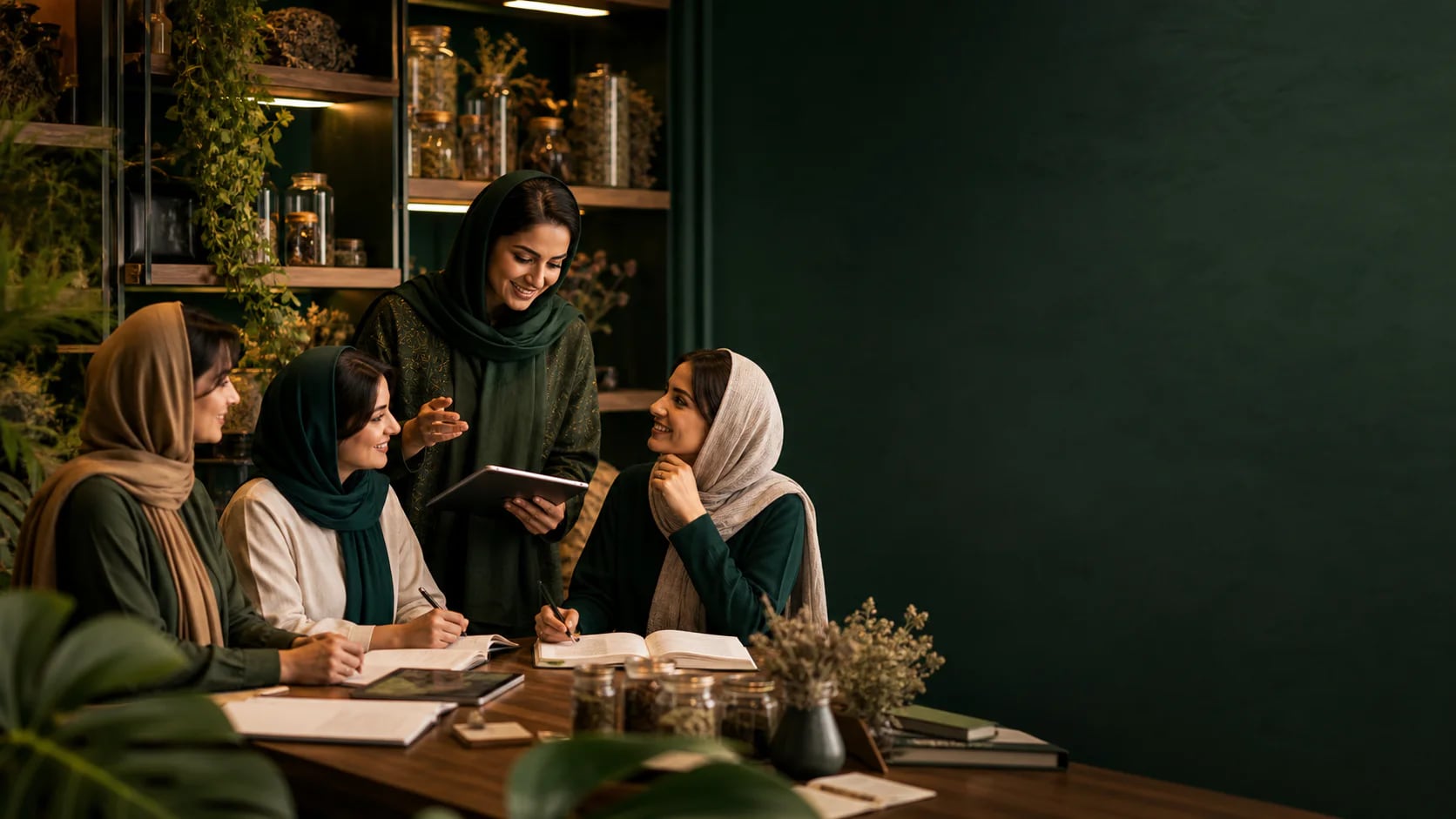 گروهی از بانوان در حال یادگیری و همکاری در فضای آموزش گیاهان